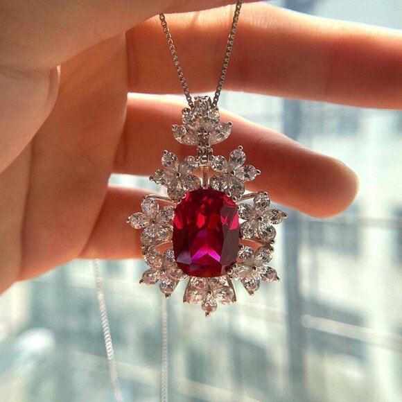 🔥 Luxury CZ Red Stone Flower Shape Necklace for Women, HA4548 - Picture 4 of 5